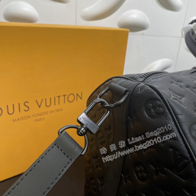 Lv路易威登2023專櫃新款Keepall BANDOULIèRE50旅行袋 LV黑色壓花牛皮男士旅行包 M59025 ydh5198